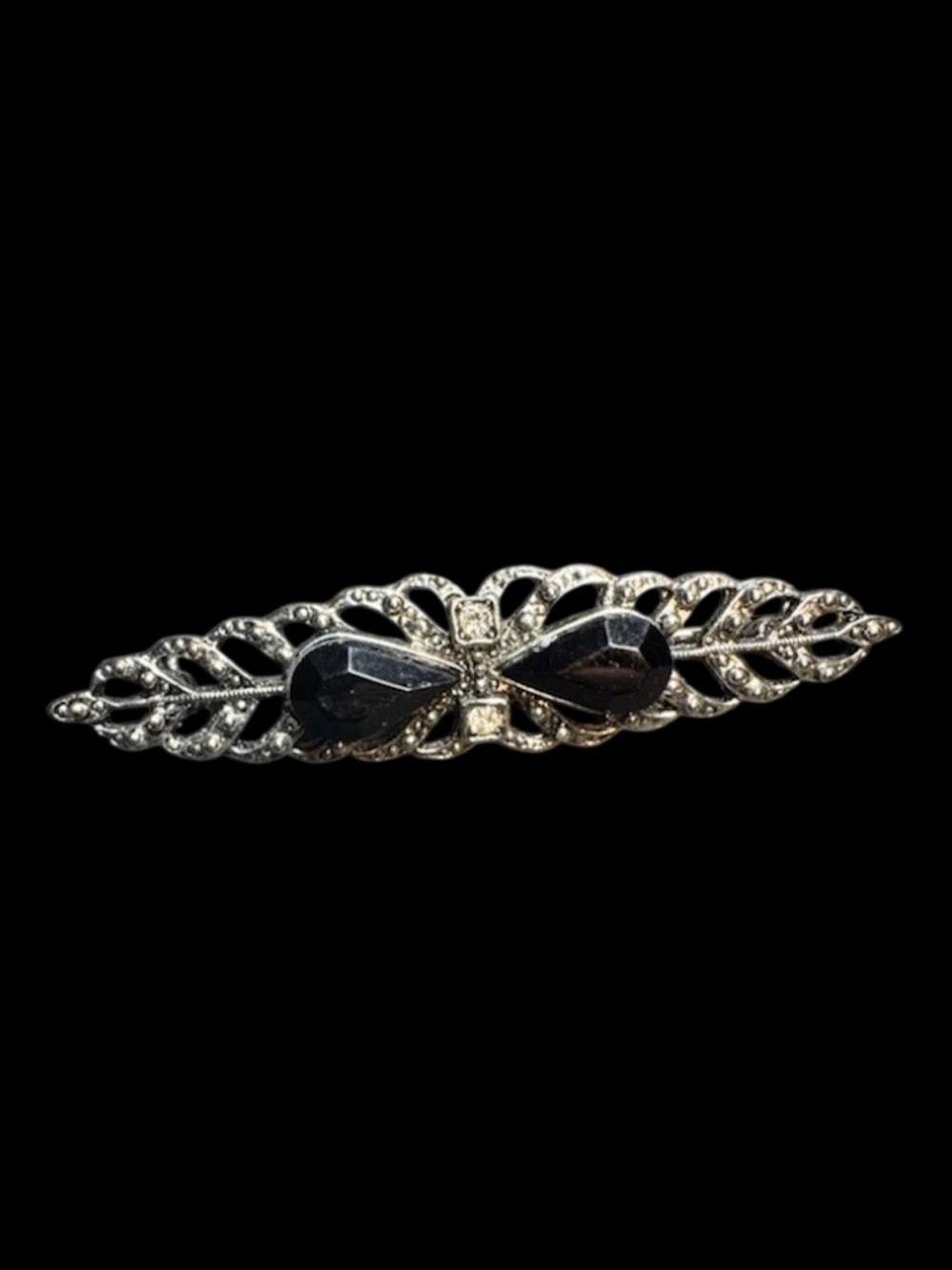 Beautiful Brooch Pin Silver Tone Texture Black Enamel 2.5x.1/2" Vintage